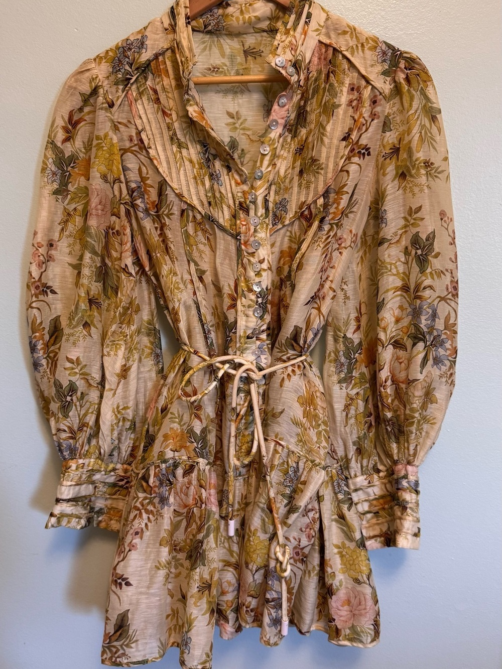 Floral Tie-Waist Mini Dress in Cream and Olive